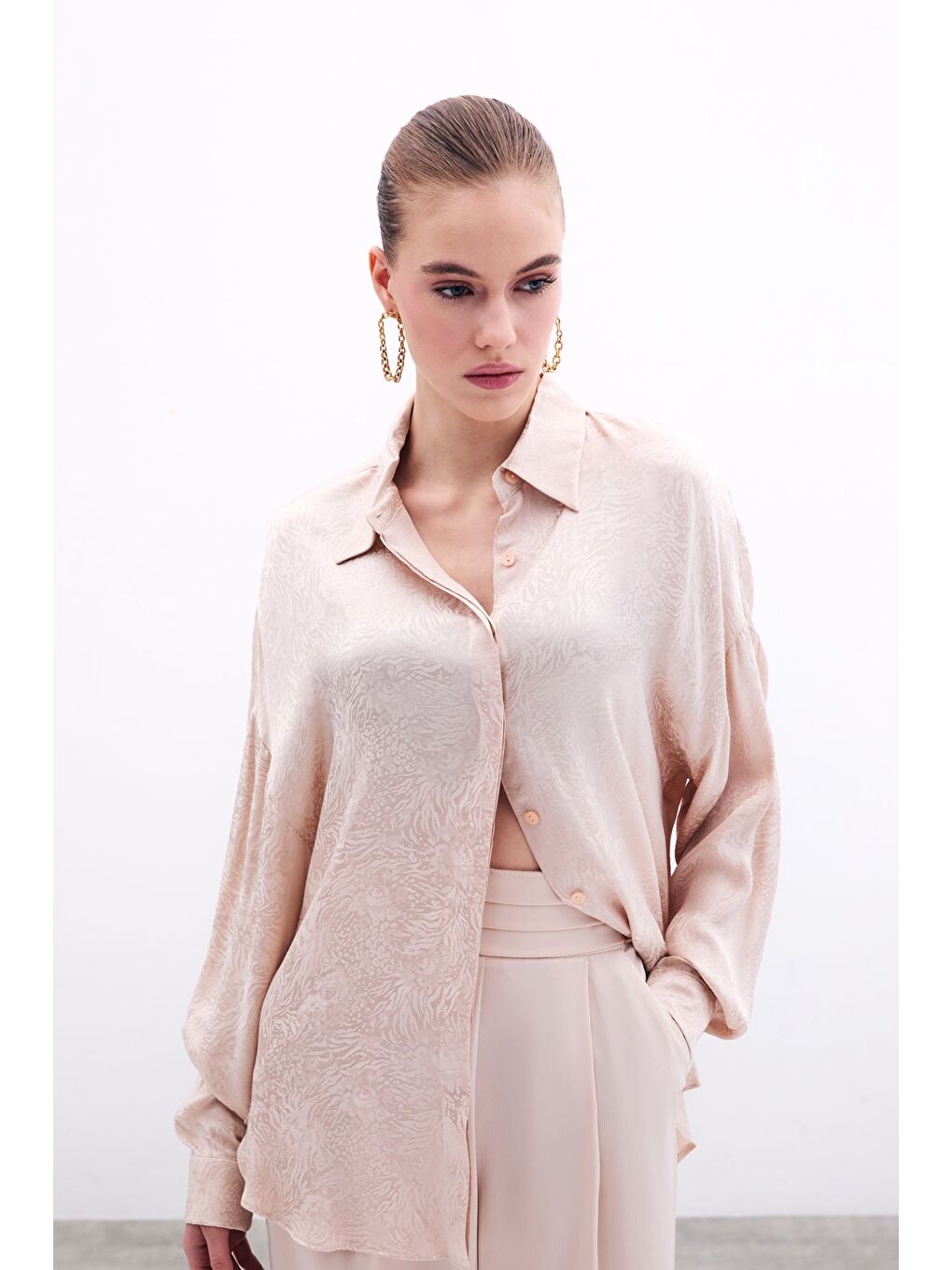 Desenli Salaş Gömlek - Bej-3