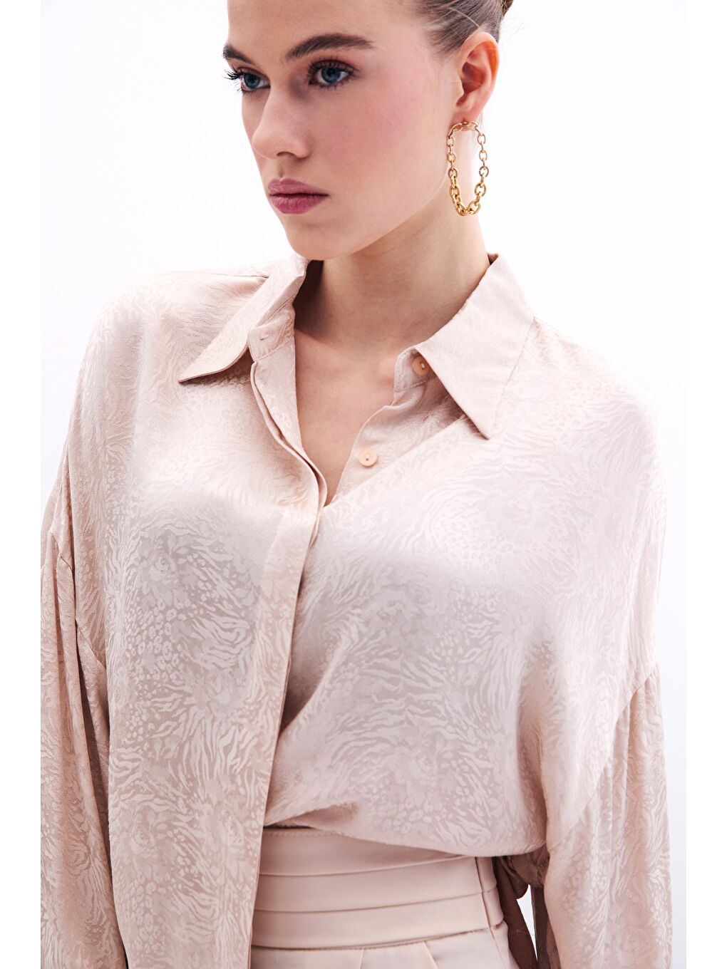 Desenli Salaş Gömlek - Bej-4