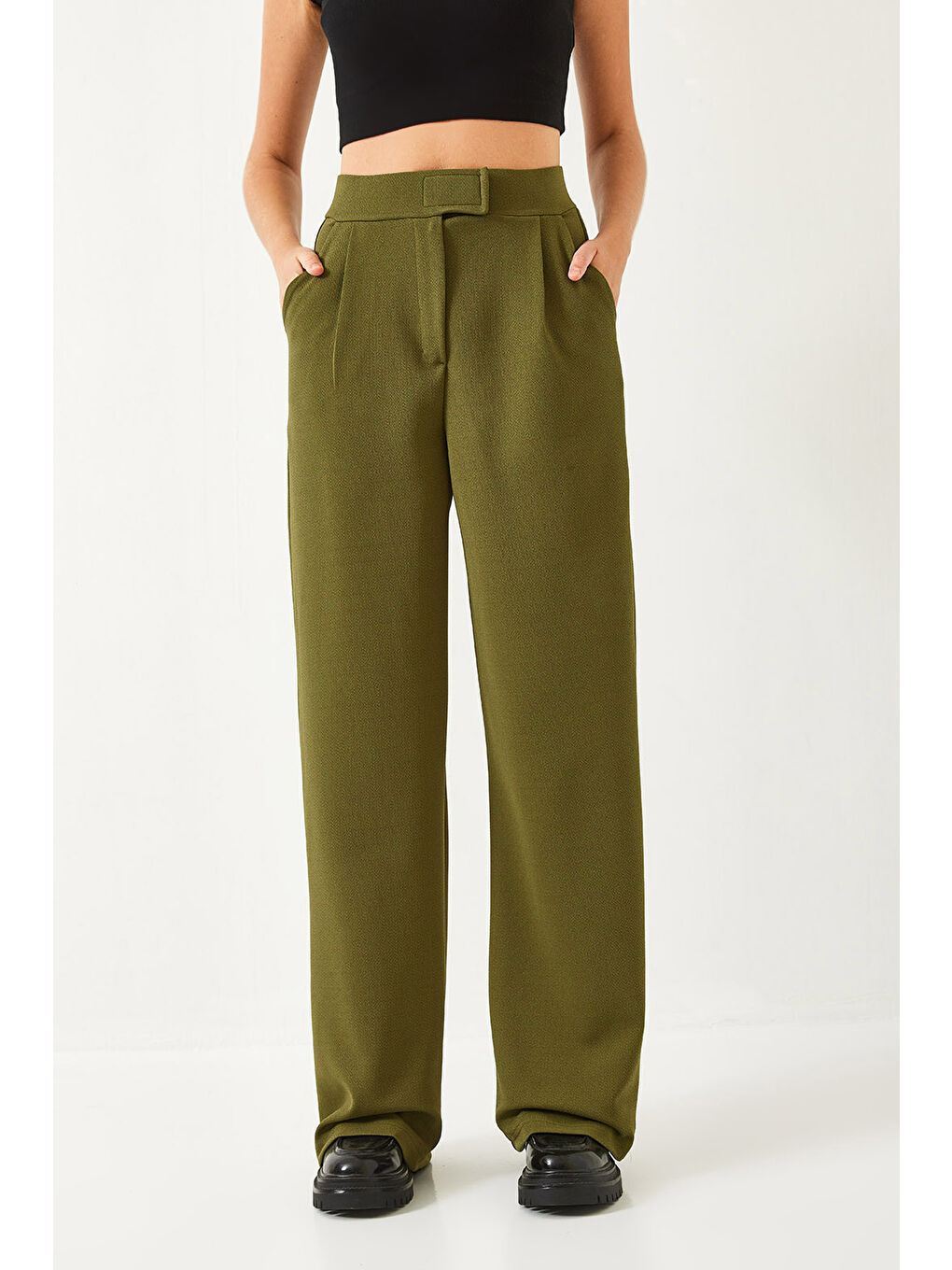 Haki Kadın Beli Cırtlı Rahat Palazzo Pantolon