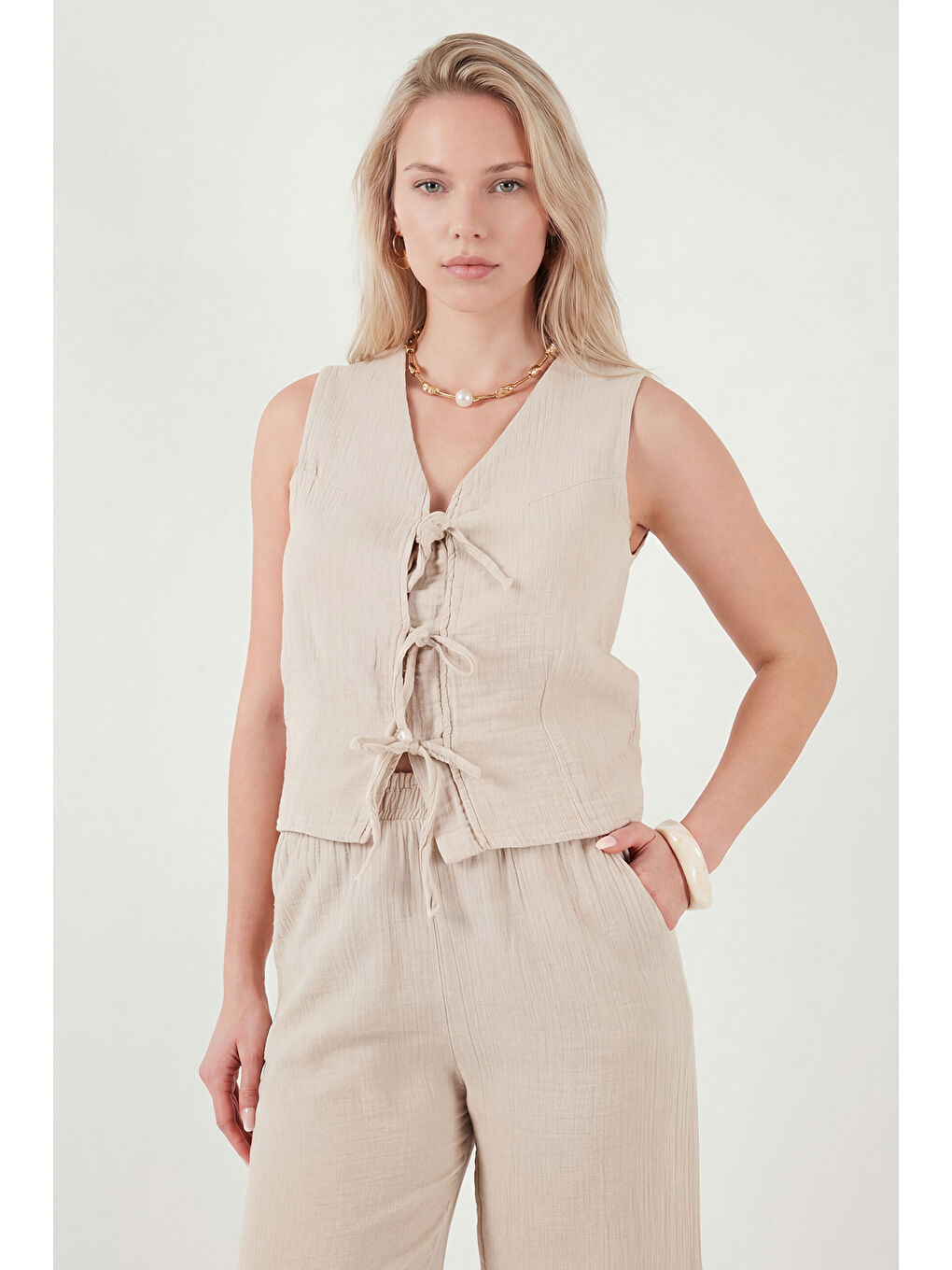 Bej Pamuklu Regular Fit Bağlama Detaylı Alt-Üst Müslin Takım 5866660-3