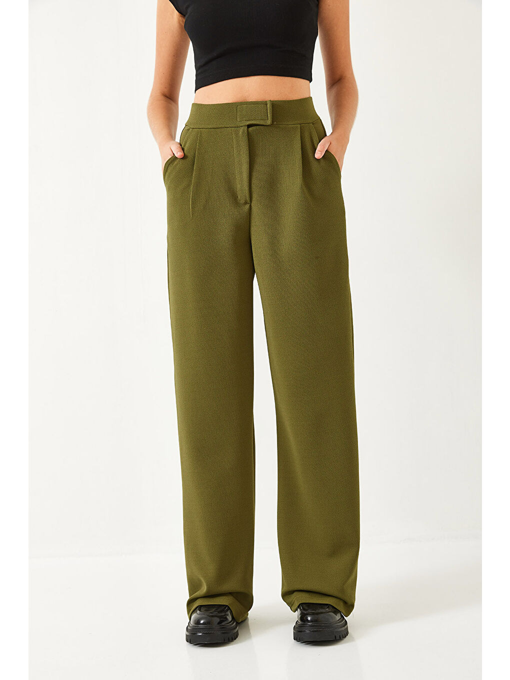 Haki Kadın Beli Cırtlı Rahat Palazzo Pantolon-1