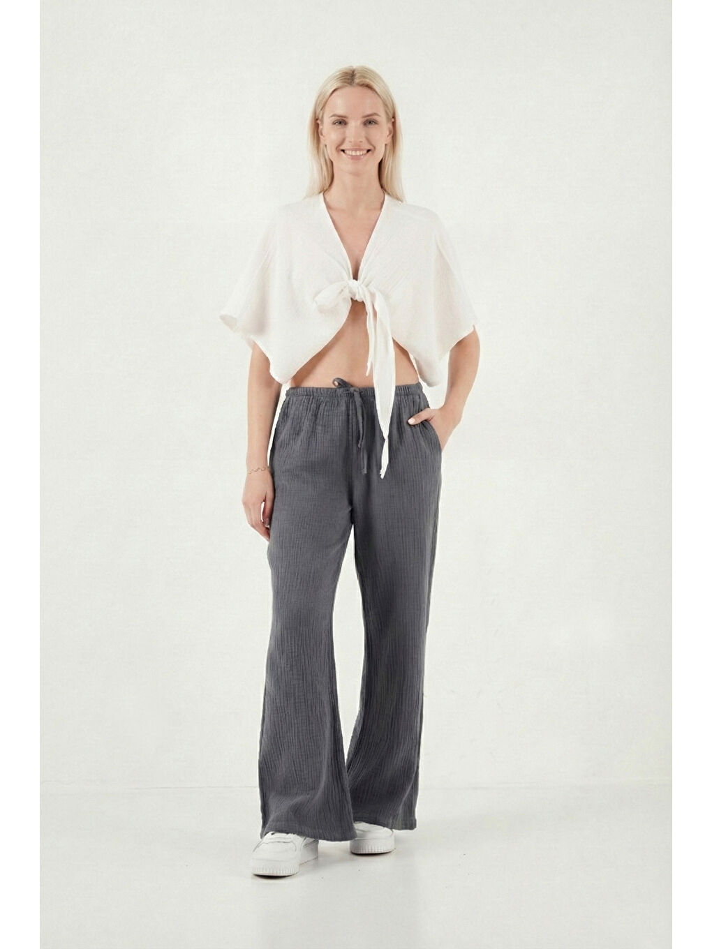 Antrasit Pamuklu Relaxed Fit Geniş Paça Müslim Kadın Pantolon 668YP5502-1