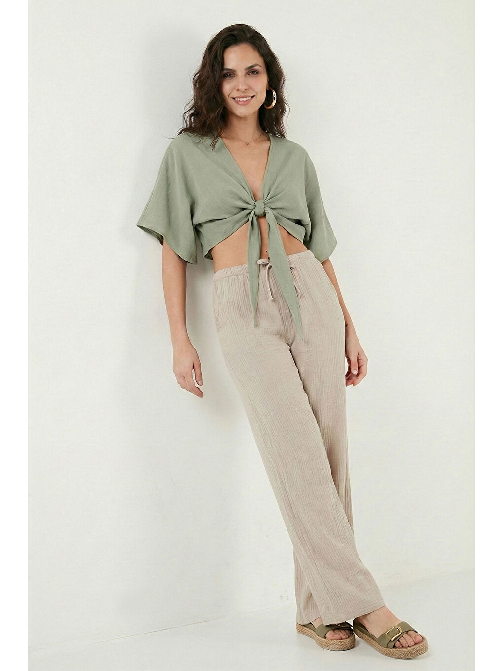 Bej Pamuklu Relaxed Fit Geniş Paça Müslim Kadın Pantolon 668YP5502-2