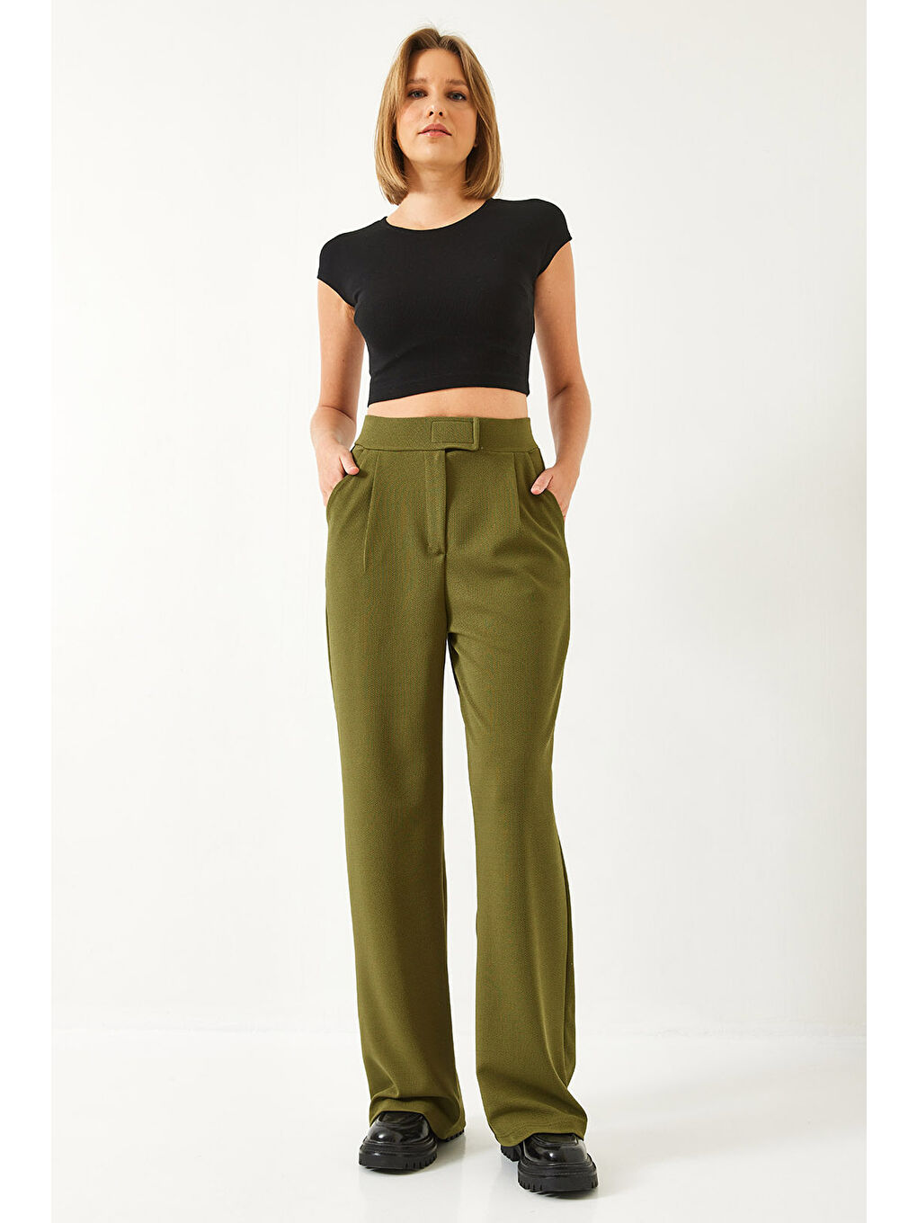Haki Kadın Beli Cırtlı Rahat Palazzo Pantolon-3