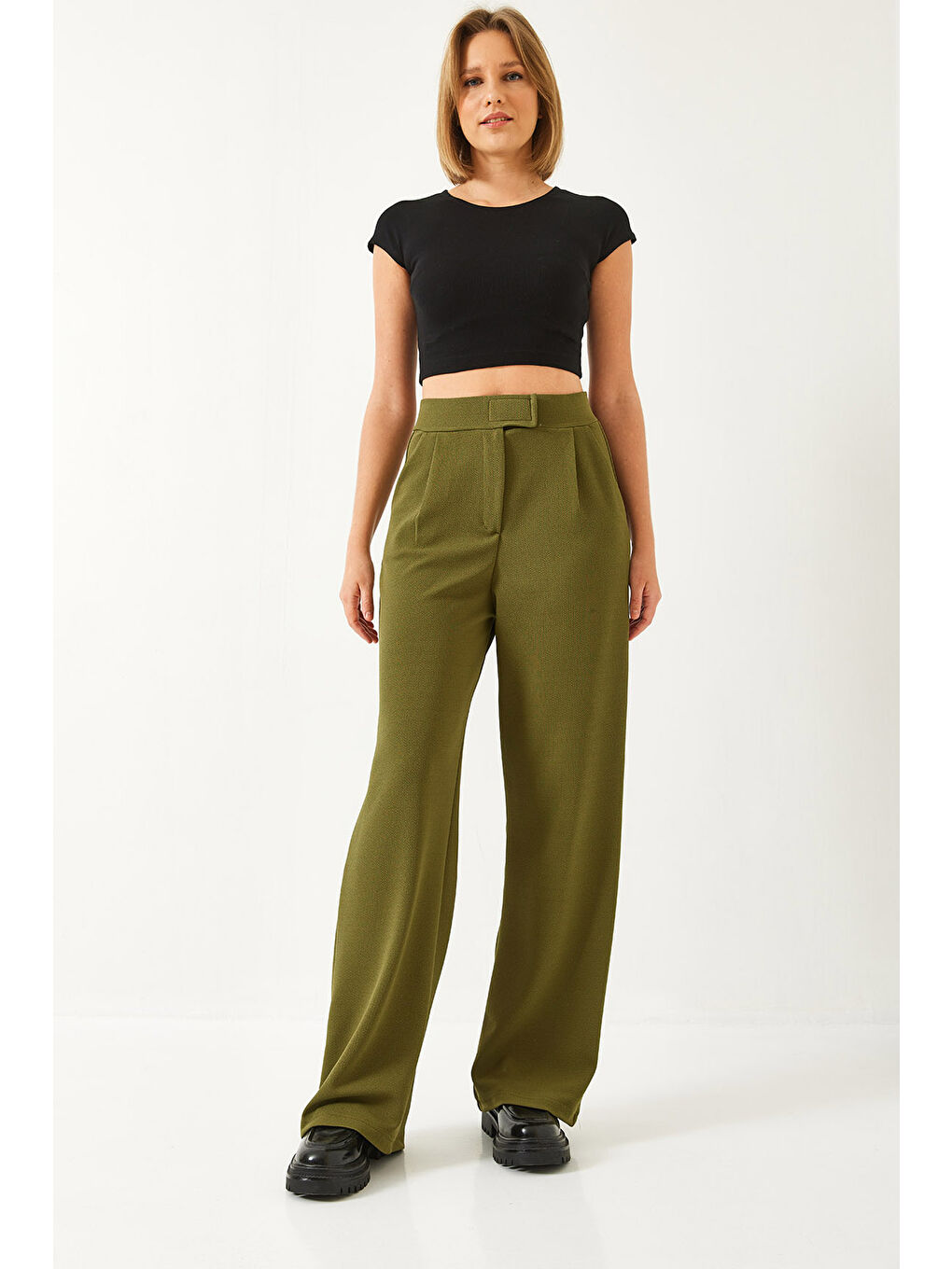 Haki Kadın Beli Cırtlı Rahat Palazzo Pantolon-4