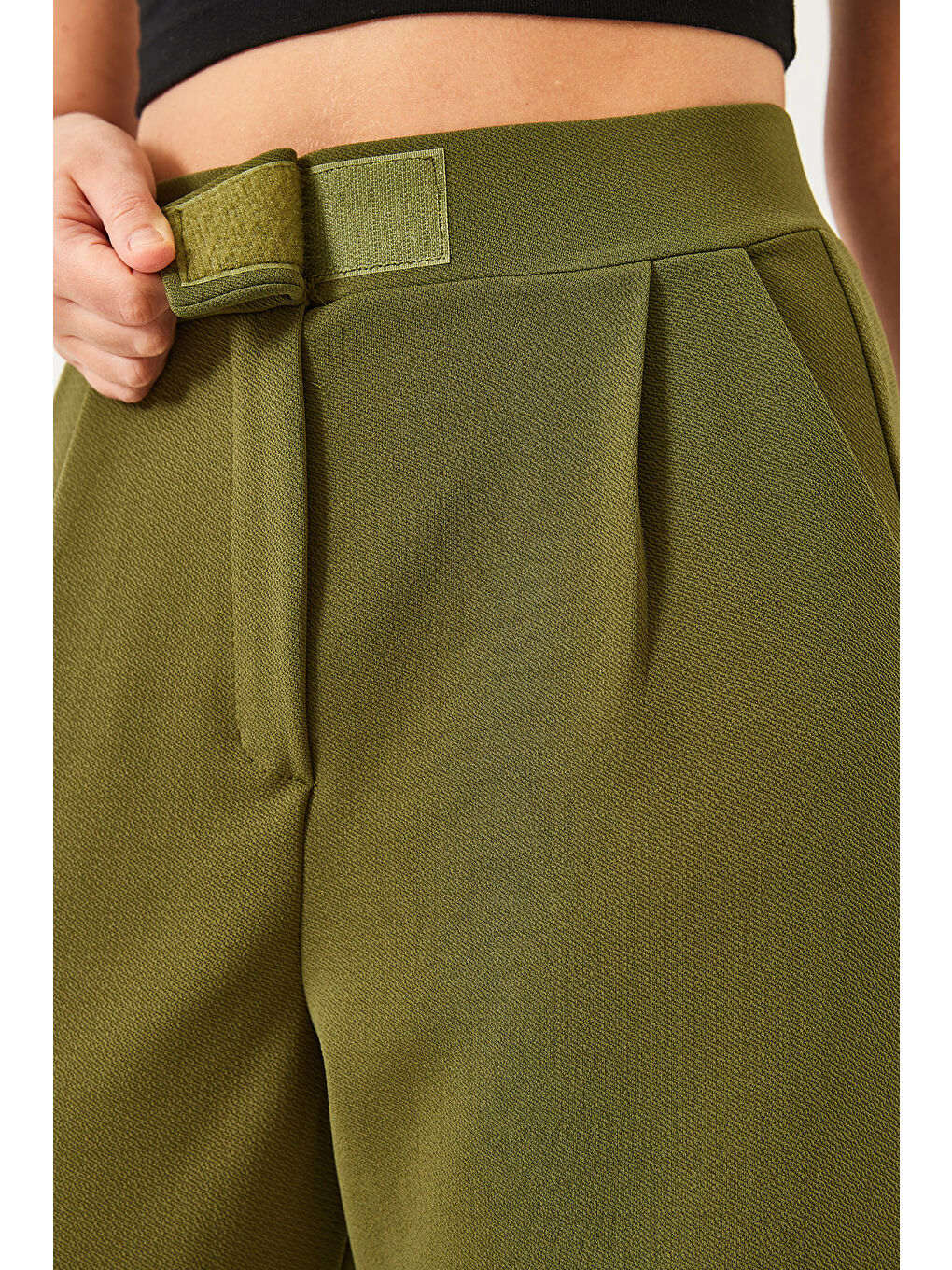 Haki Kadın Beli Cırtlı Rahat Palazzo Pantolon-5