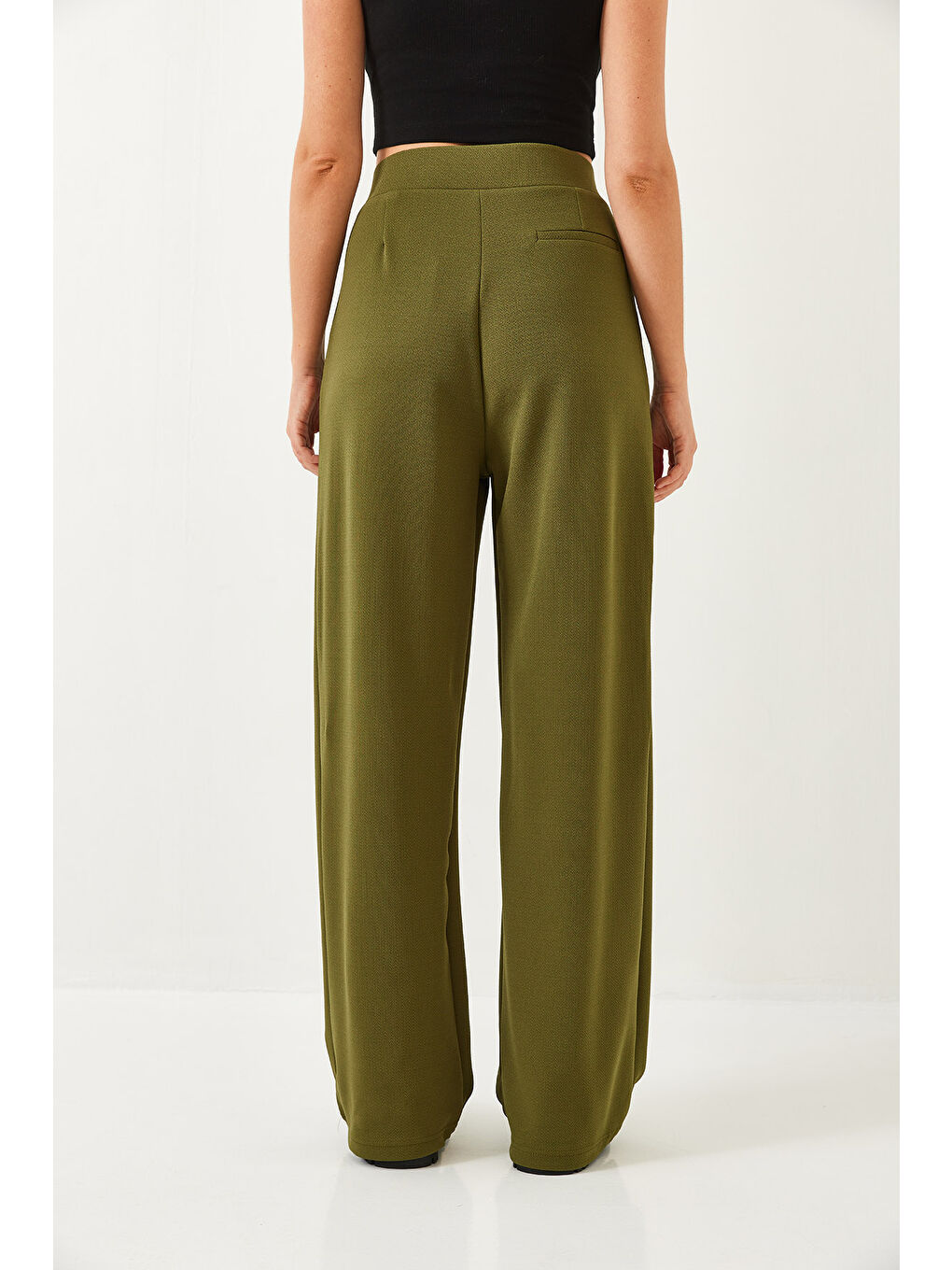 Haki Kadın Beli Cırtlı Rahat Palazzo Pantolon-6