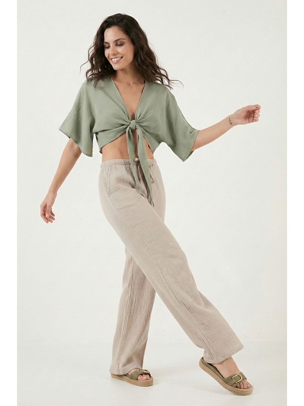 Bej Pamuklu Relaxed Fit Geniş Paça Müslim Kadın Pantolon 668YP5502-3