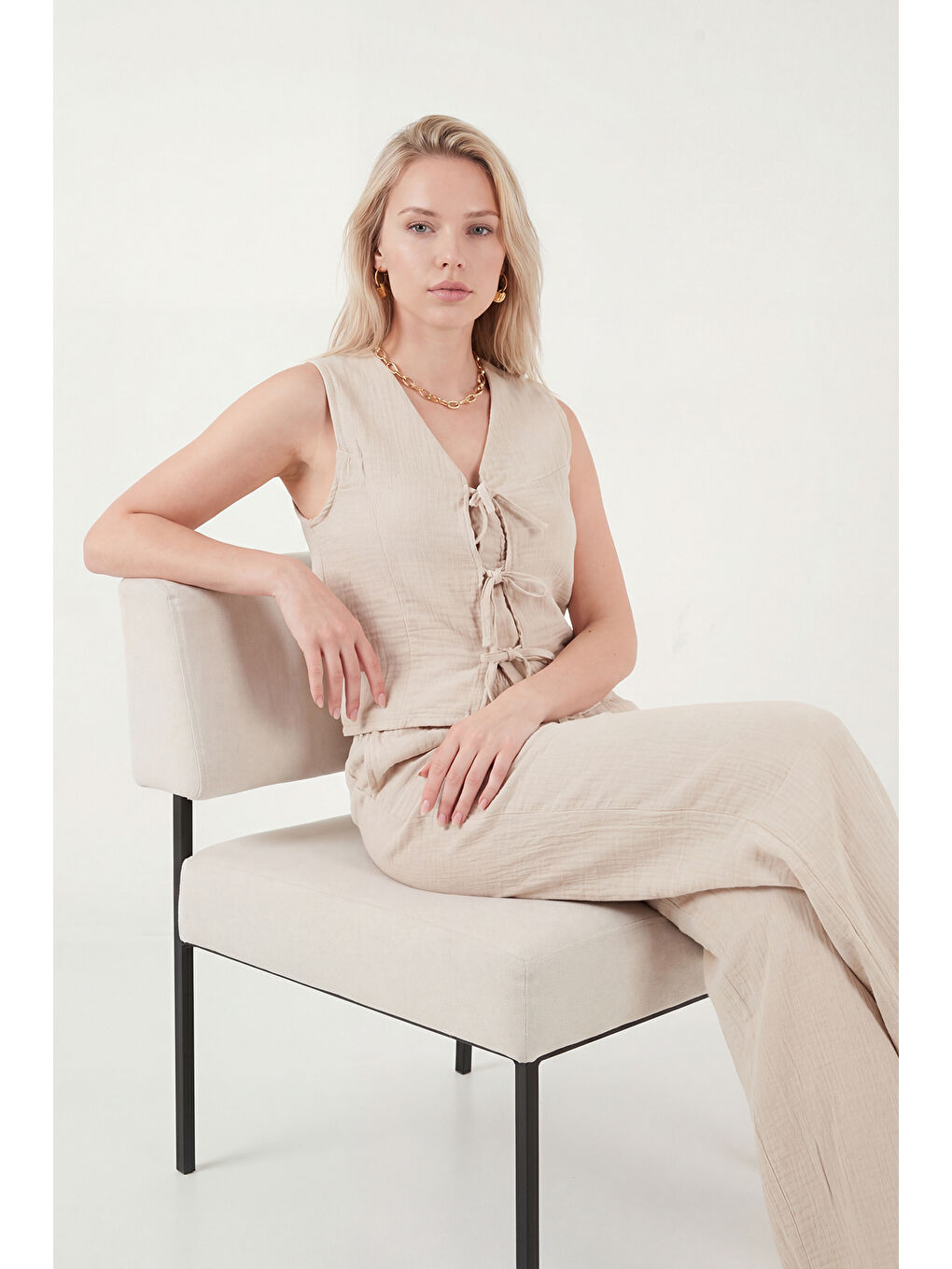 Bej Pamuklu Regular Fit Bağlama Detaylı Alt-Üst Müslin Takım 5866660-4