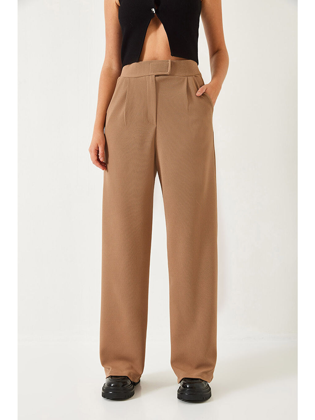 Kahverengi Kadın Beli Cırtlı Rahat Palazzo Pantolon