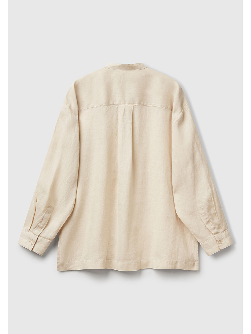 Bej Kadın Taş Rengi %100 Keten Sol Önü Cepli Oversize Mandarin Yaka Gömlek-3