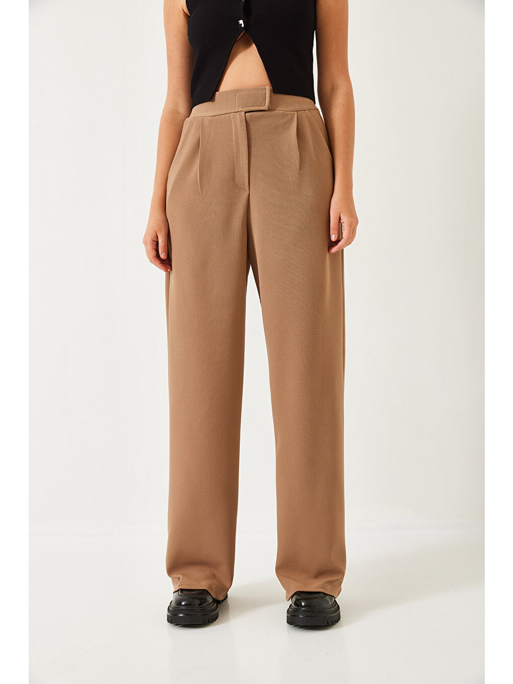 Kahverengi Kadın Beli Cırtlı Rahat Palazzo Pantolon-1