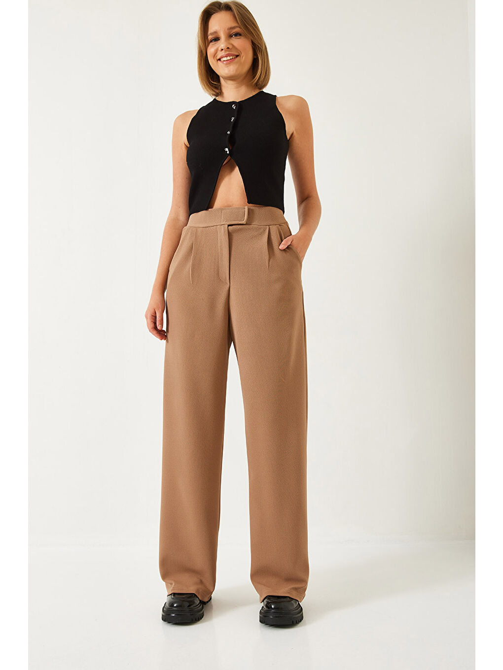 Kahverengi Kadın Beli Cırtlı Rahat Palazzo Pantolon-2