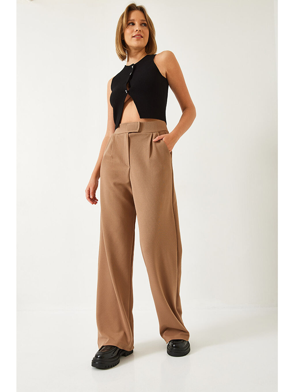 Kahverengi Kadın Beli Cırtlı Rahat Palazzo Pantolon-3