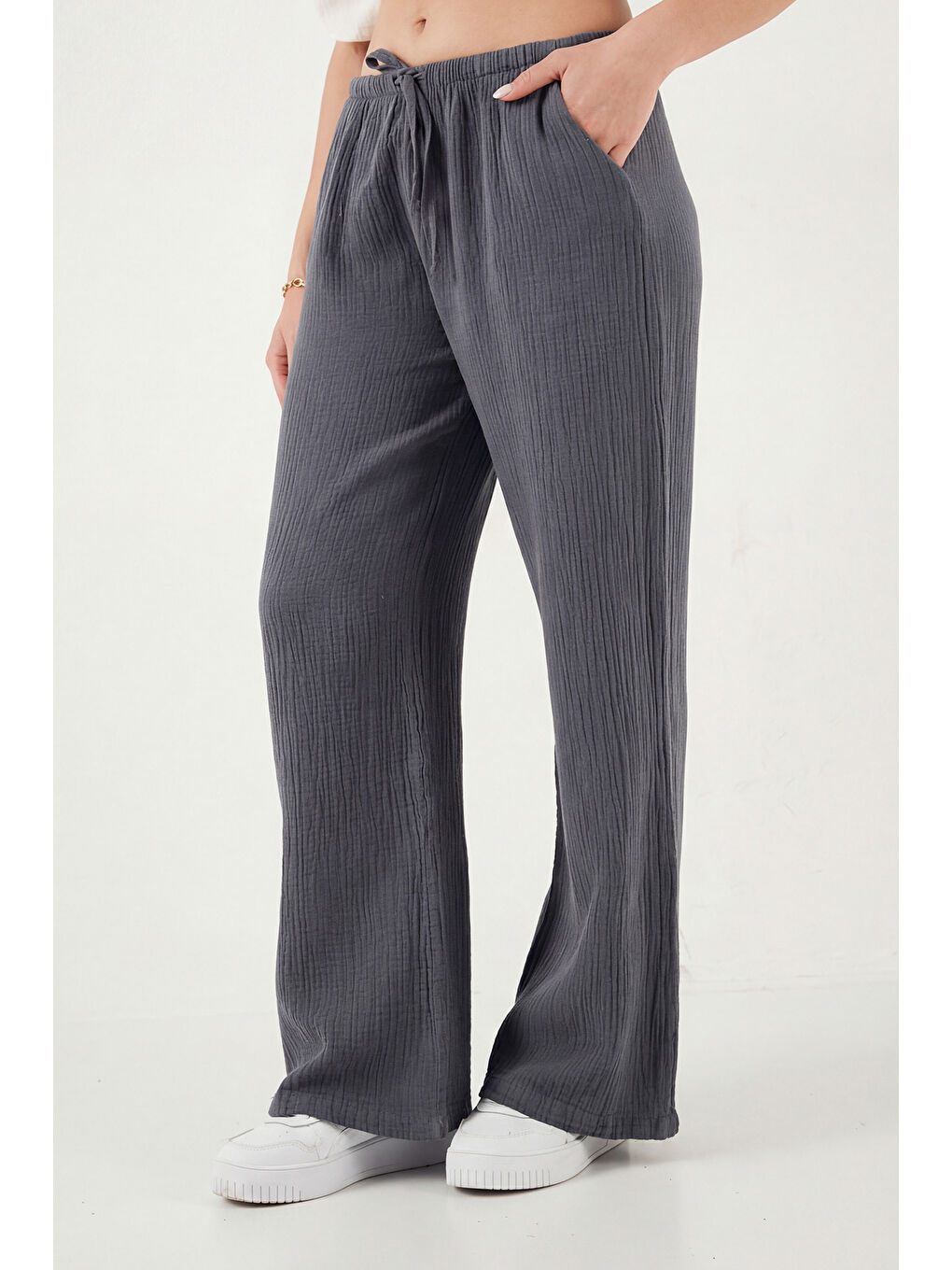 Antrasit Pamuklu Relaxed Fit Geniş Paça Müslim Kadın Pantolon 668YP5502-4
