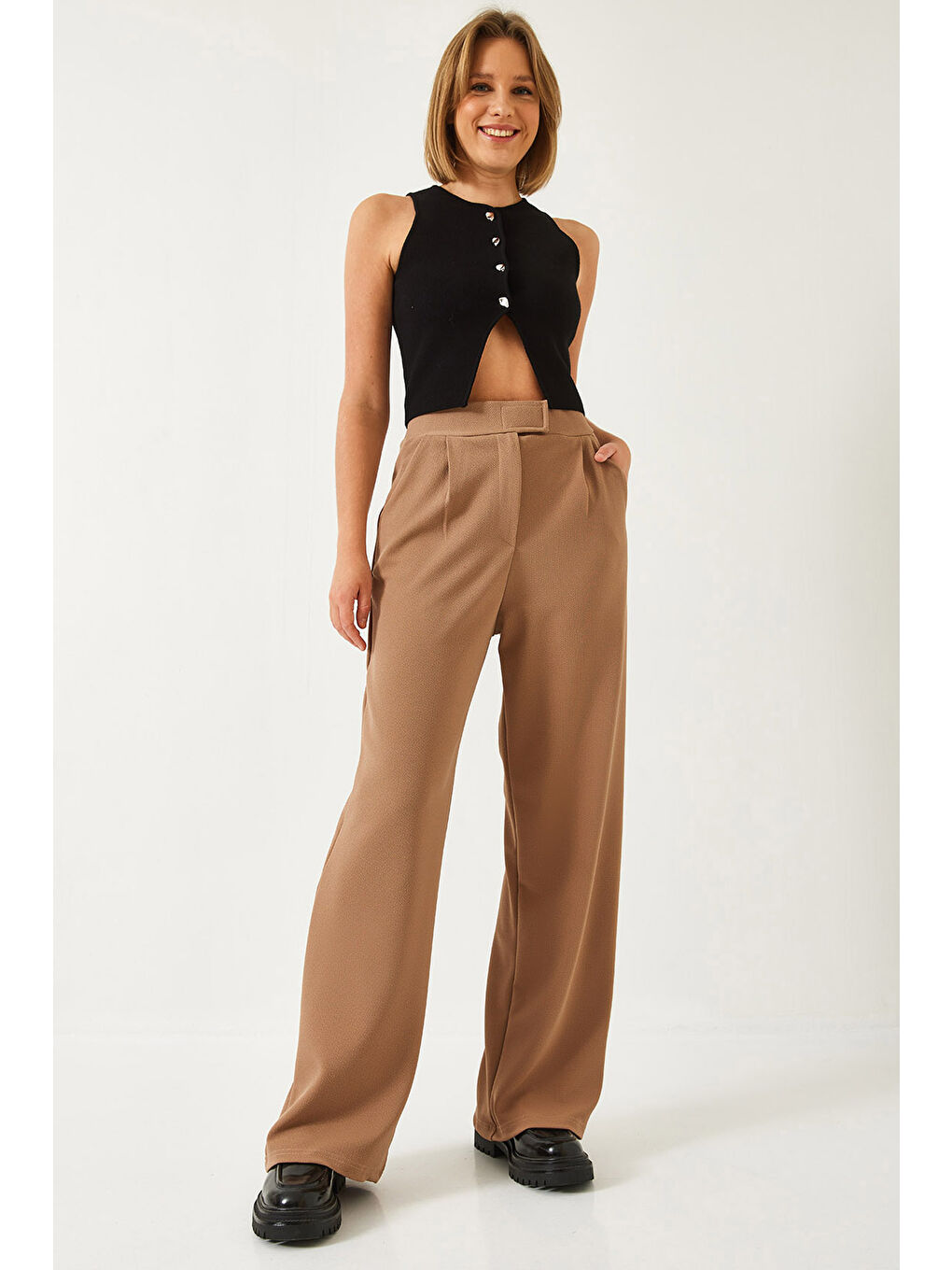 Kahverengi Kadın Beli Cırtlı Rahat Palazzo Pantolon-4