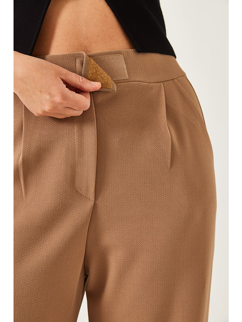 Kahverengi Kadın Beli Cırtlı Rahat Palazzo Pantolon-5