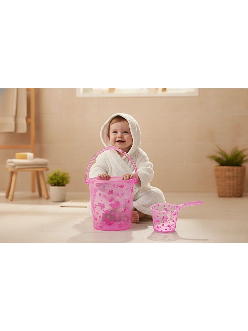 923 Şeffaf Kova & Maşrapa Set Pembe Desenli