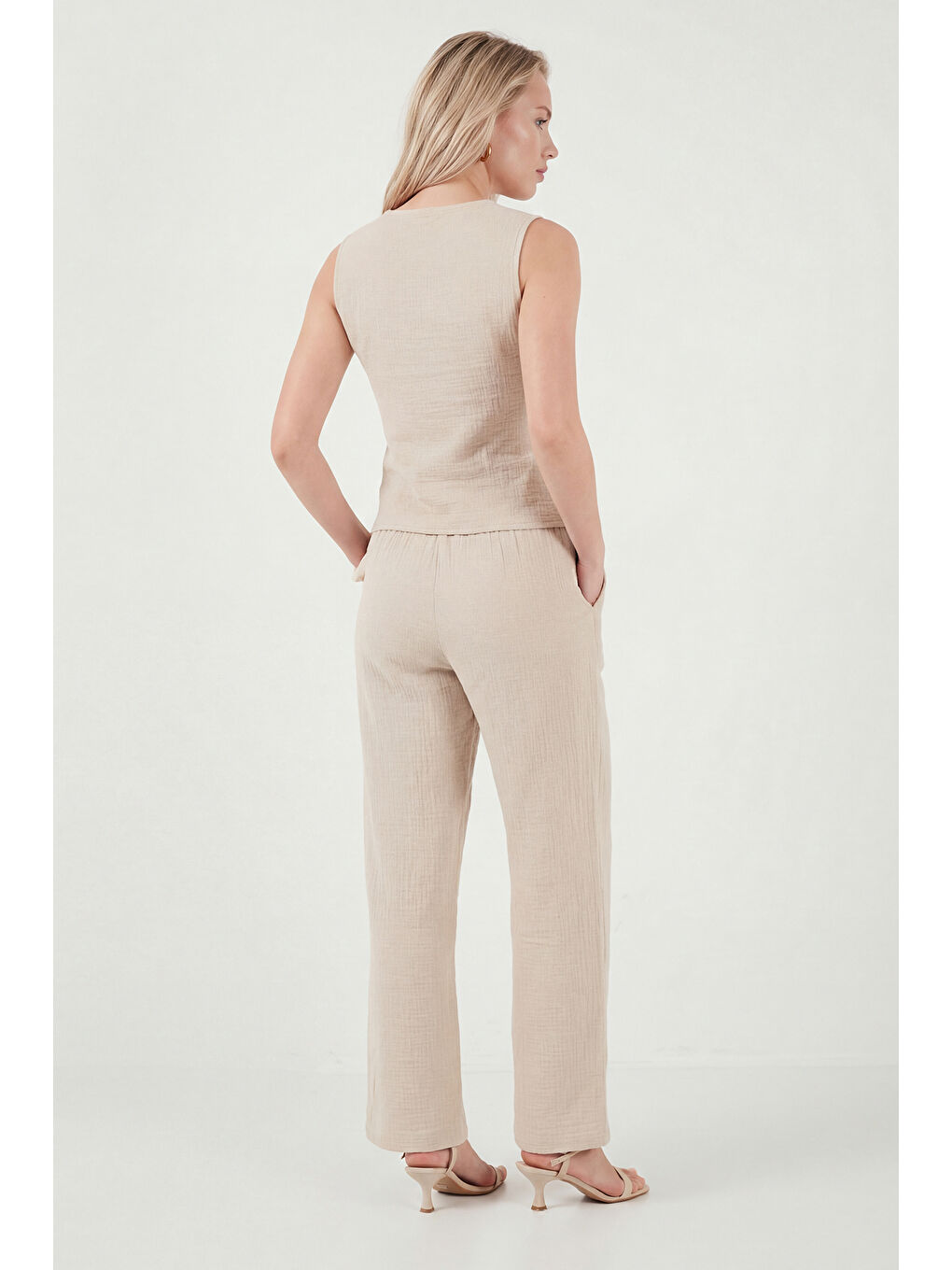 Bej Pamuklu Regular Fit Bağlama Detaylı Alt-Üst Müslin Takım 5866660-6