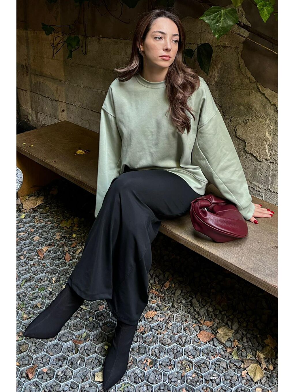 Madmext Nane Yeşili Mint Yeşili Bisiklet Yaka Basic Sweatshirt MG2185