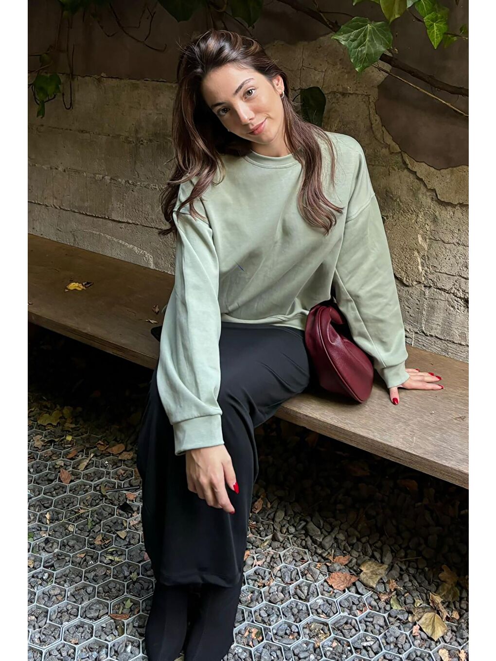 Madmext Nane Yeşili Mint Yeşili Bisiklet Yaka Basic Sweatshirt MG2185 - 1