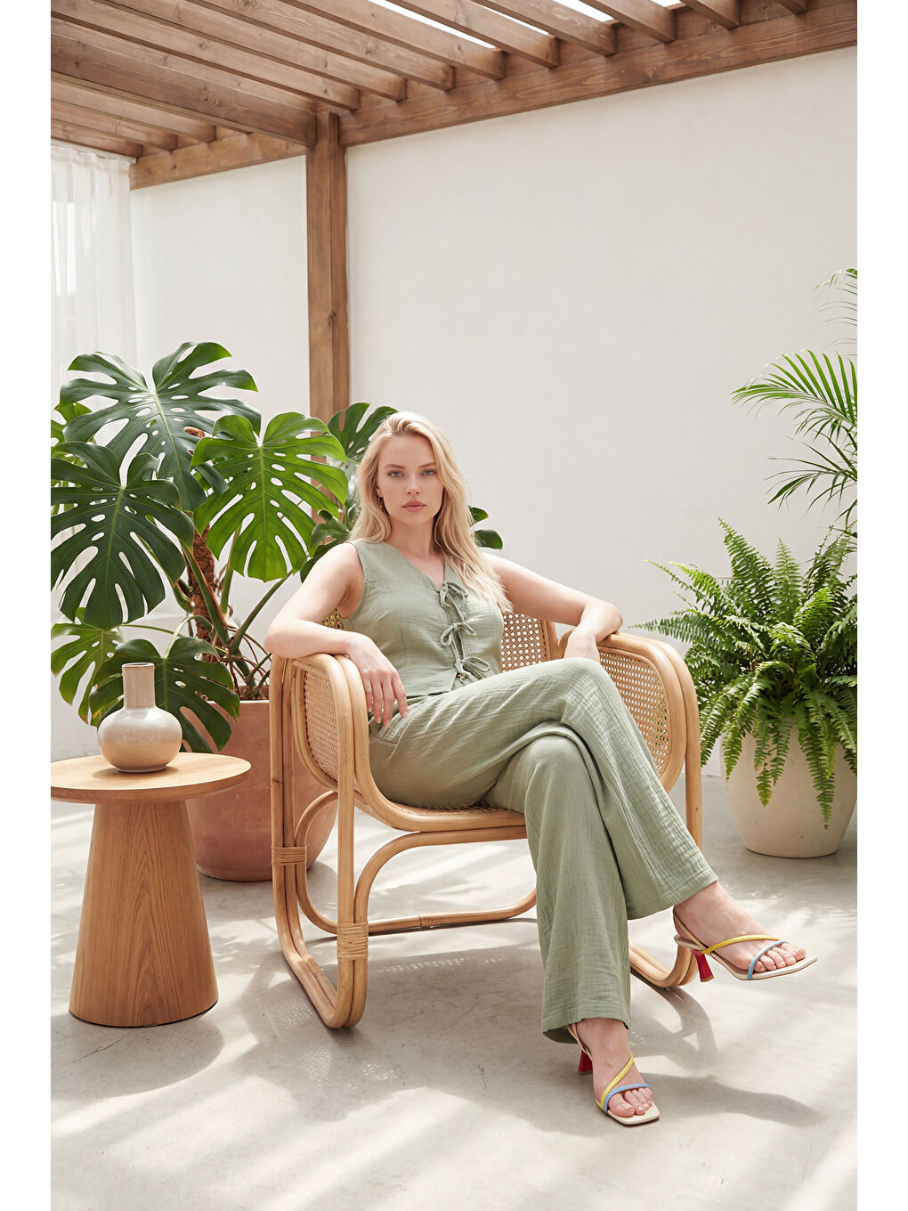 Yeşil Pamuklu Regular Fit Bağlama Detaylı Alt-Üst Müslin Takım 5866660-1