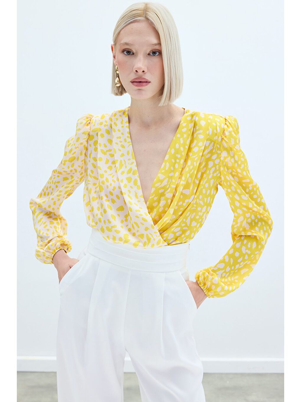 Lila Kruvaze Desenli Bodysuit - Sarı-Ekru