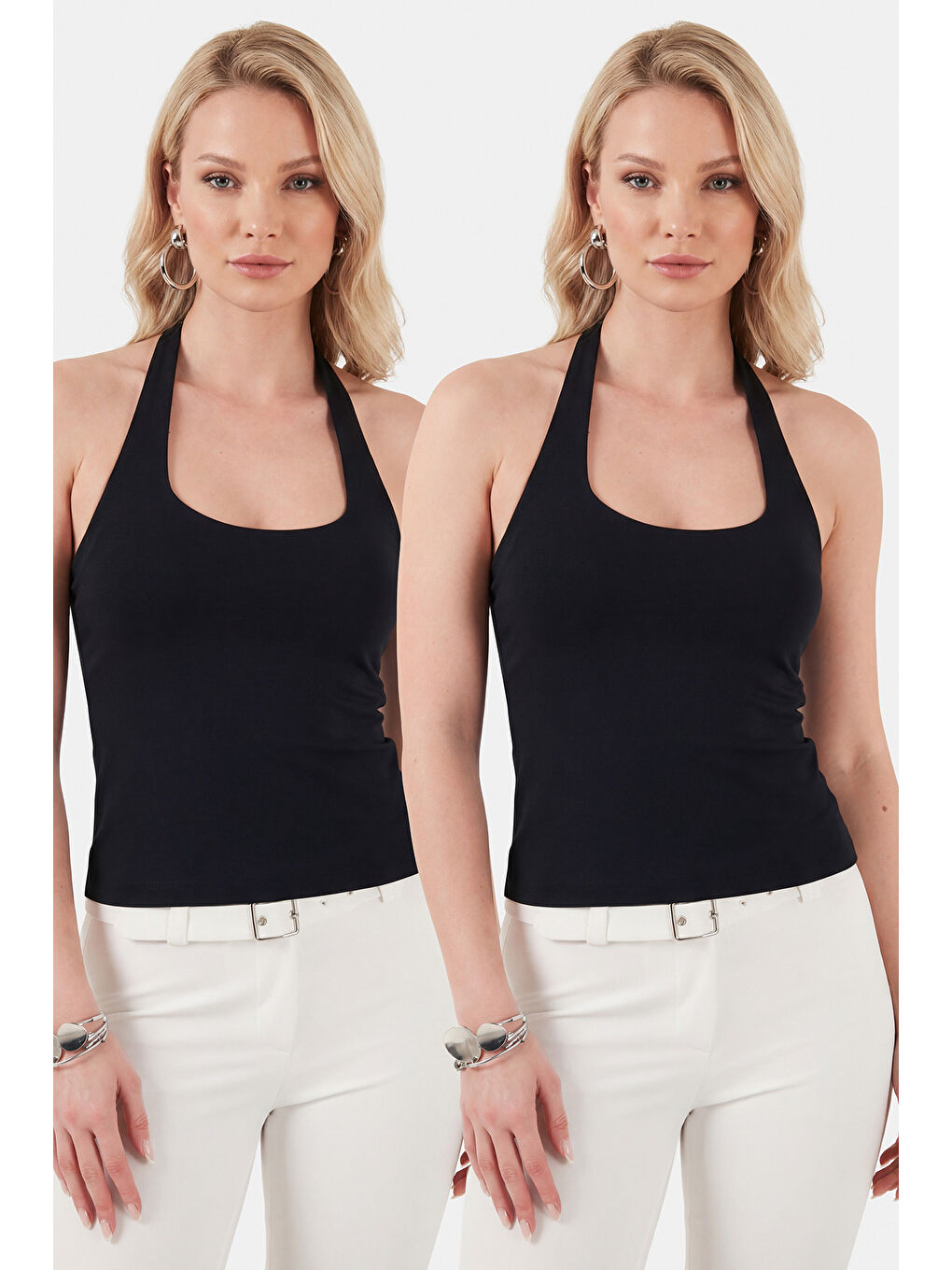 Siyah Slim Fit Halter Yaka Sırt Dekolteli İkili Paket Bluz 5866664-1
