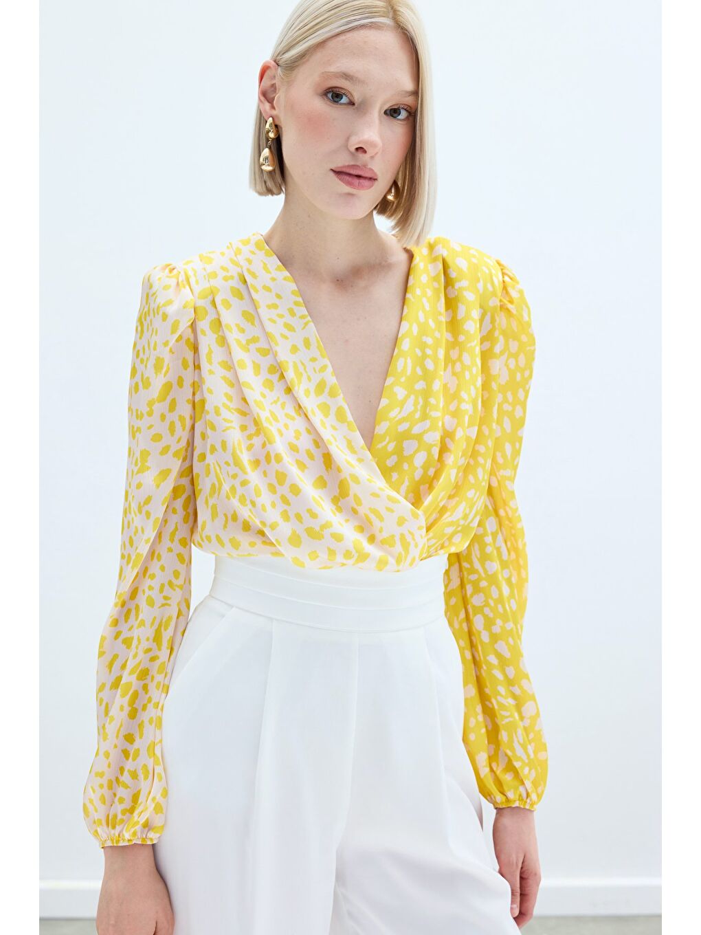 Lila Kruvaze Desenli Bodysuit - Sarı-Ekru-1