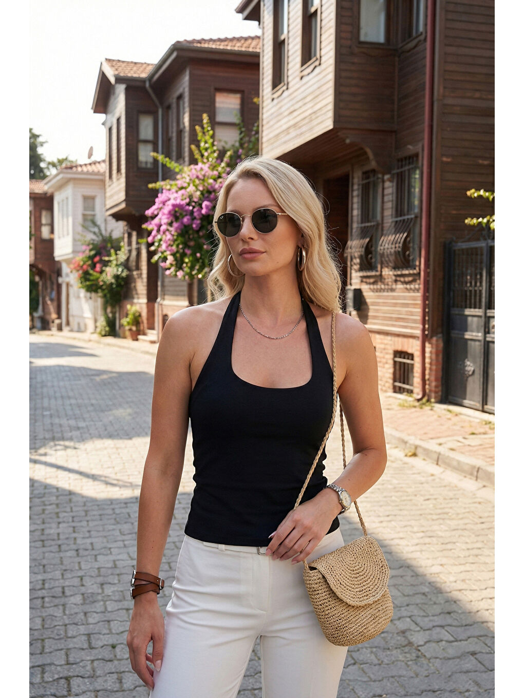 Siyah Slim Fit Halter Yaka Sırt Dekolteli İkili Paket Bluz 5866664-3