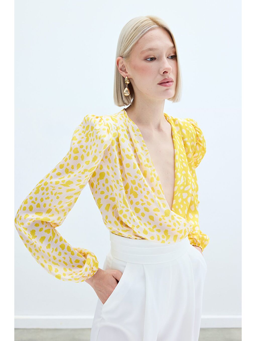 Lila Kruvaze Desenli Bodysuit - Sarı-Ekru-2