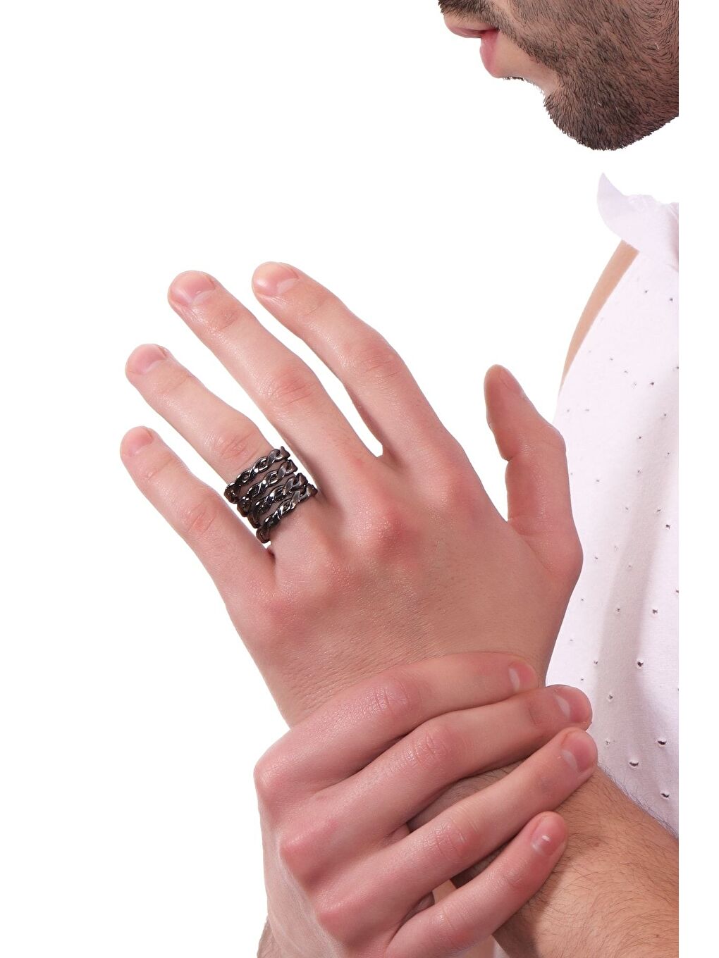 Erkek Metalik Antrasit Lak Kaplama Ayarlanabilir 4 Sıra Örgü Dokulu Yüzük-2