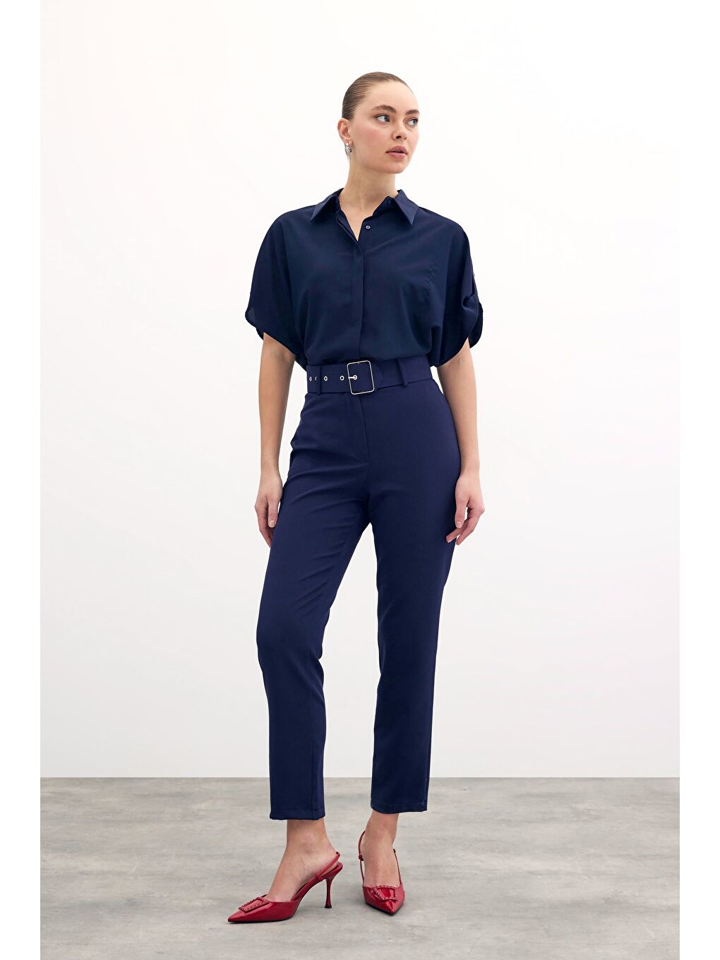 Yüksek Bel Kemerli Pantolon - Lacivert