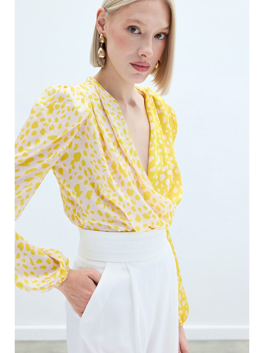 Lila Kruvaze Desenli Bodysuit - Sarı-Ekru-3