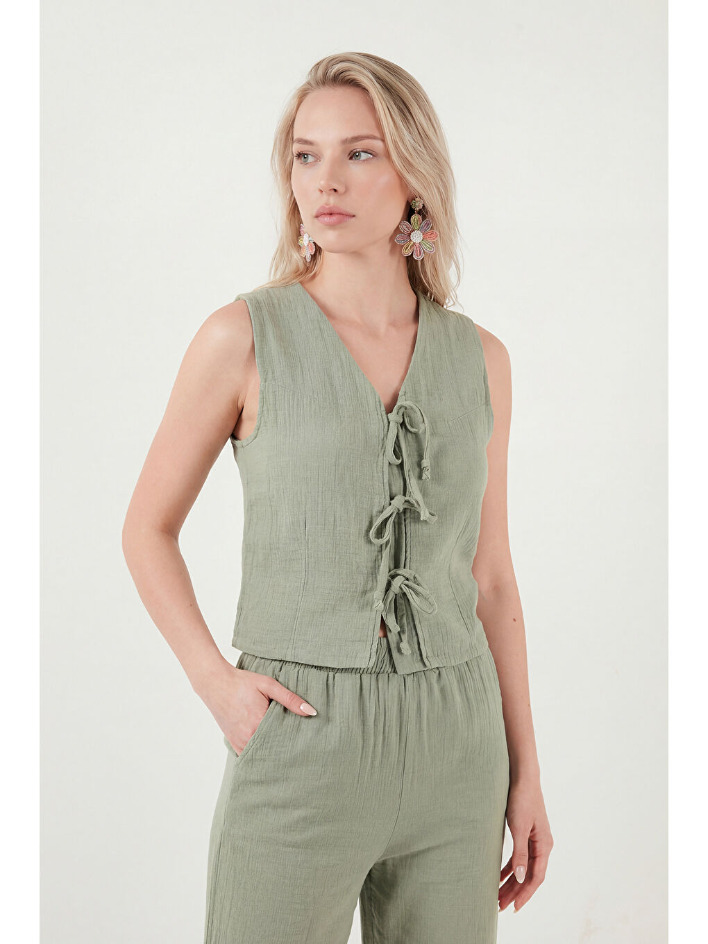 Yeşil Pamuklu Regular Fit Bağlama Detaylı Alt-Üst Müslin Takım 5866660-4