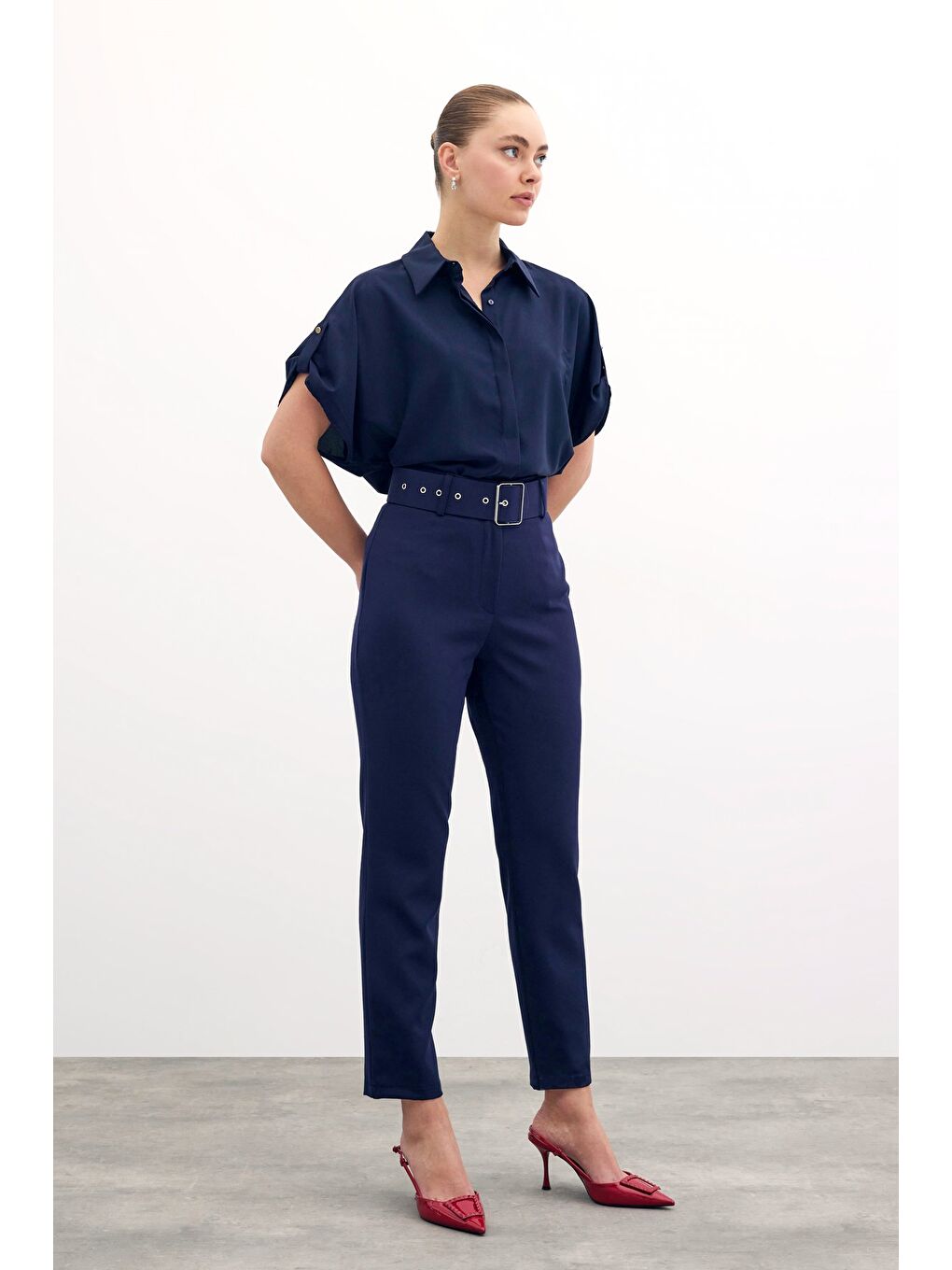 Yüksek Bel Kemerli Pantolon - Lacivert-1