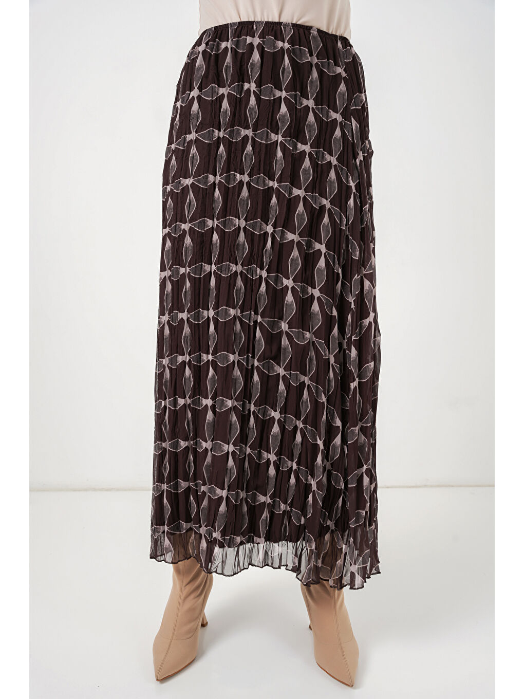 Kadın Desenli Astarlı Şifon Etek 8058 - Kahverengi-1
