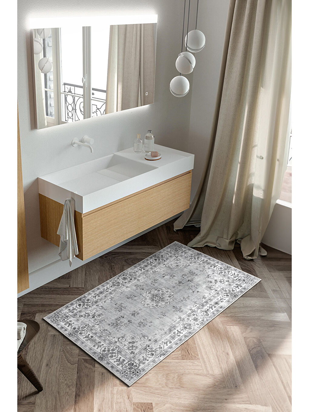 Gri Dekoratif Özel Tasarım Yıkanabilir İnce Kaymaz Tabanlı Modern Halı KECE FR25-3