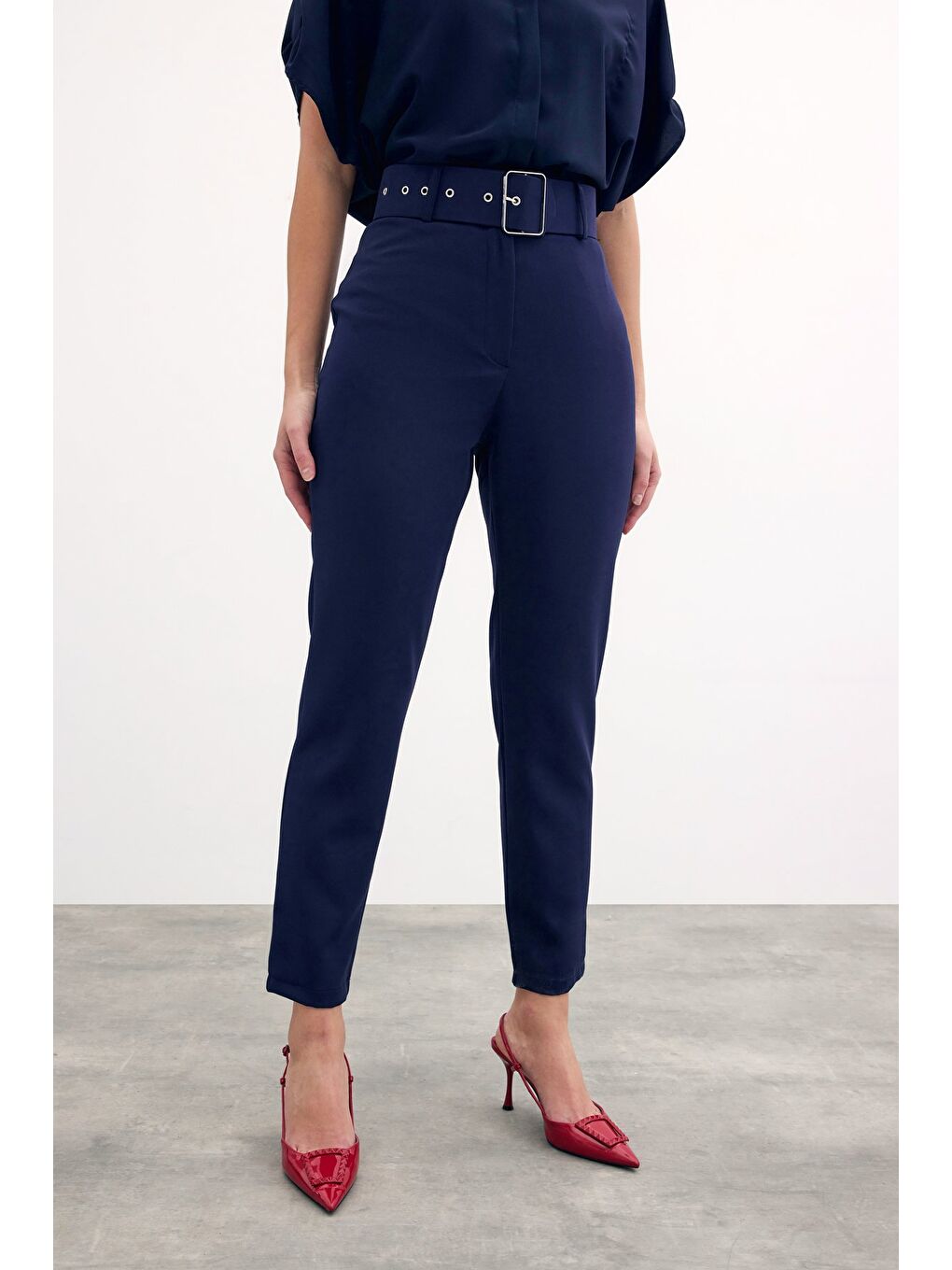 Yüksek Bel Kemerli Pantolon - Lacivert-4