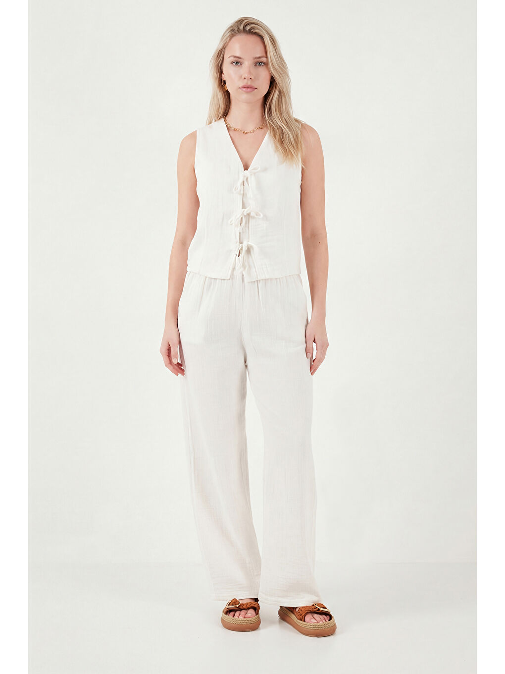 Ekru Pamuklu Regular Fit Bağlama Detaylı Alt-Üst Müslin Takım 5866660-2