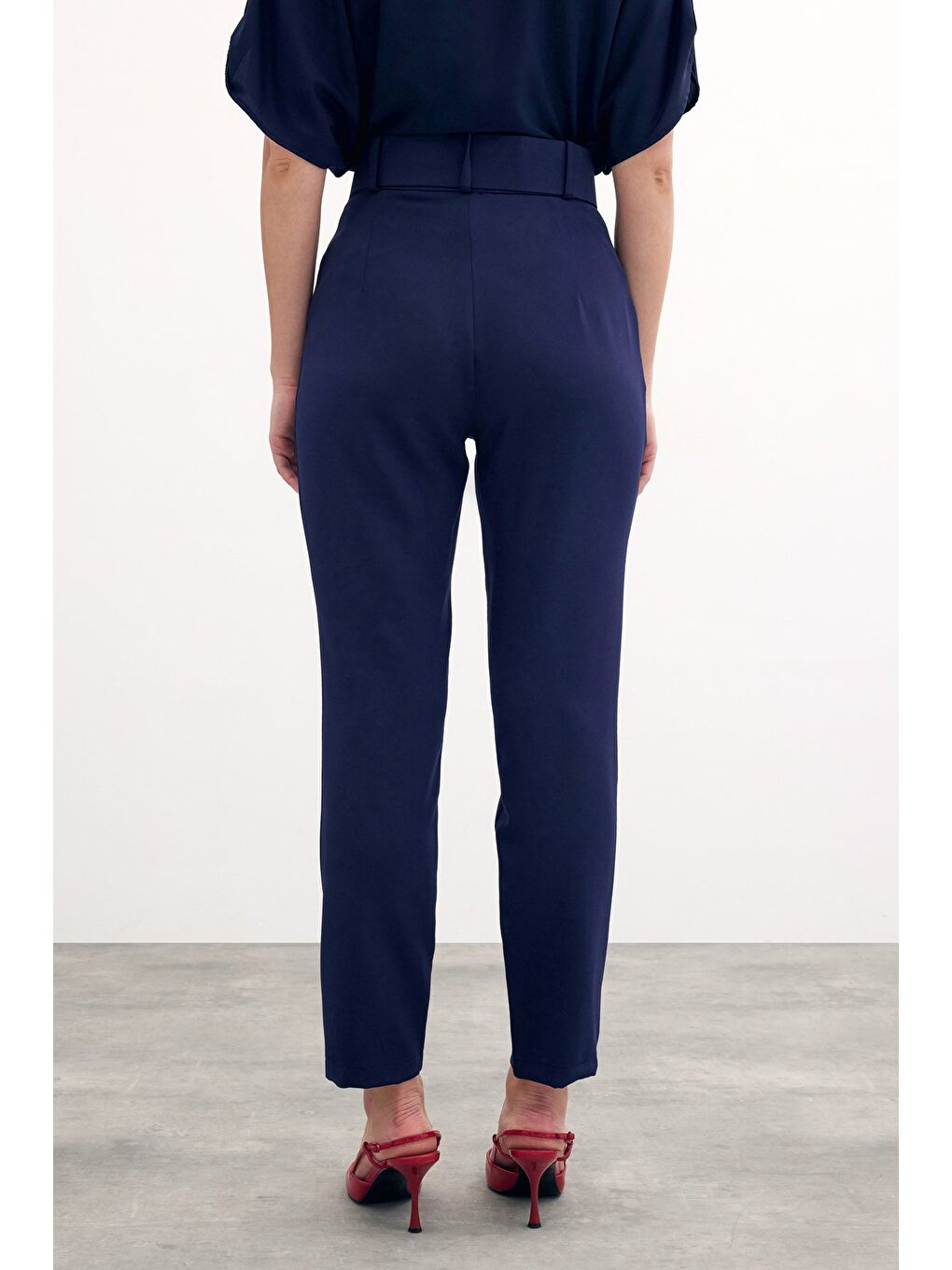 Yüksek Bel Kemerli Pantolon - Lacivert-5