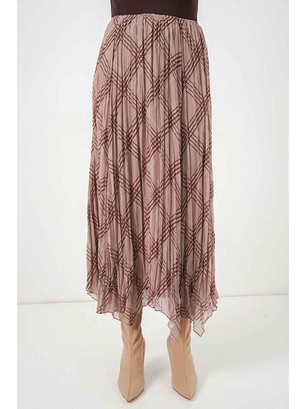 Bej Kadın Asimetrik Kesim Şifon Etek 8056 - Vizon-1
