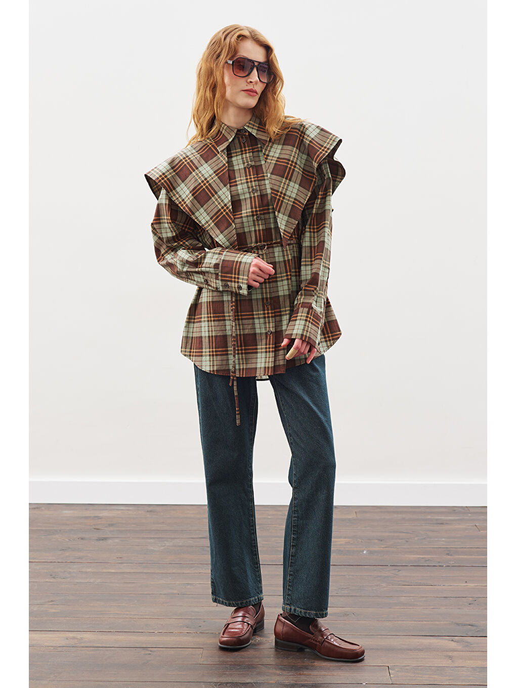 Üçgen Fularlı Oversıze Gömlek Ekose Yeşil-1