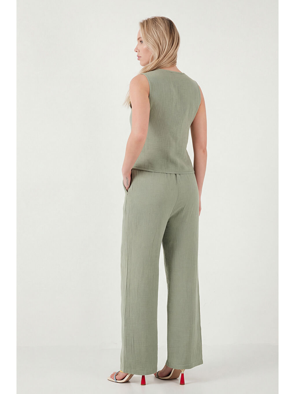 Yeşil Pamuklu Regular Fit Bağlama Detaylı Alt-Üst Müslin Takım 5866660-6