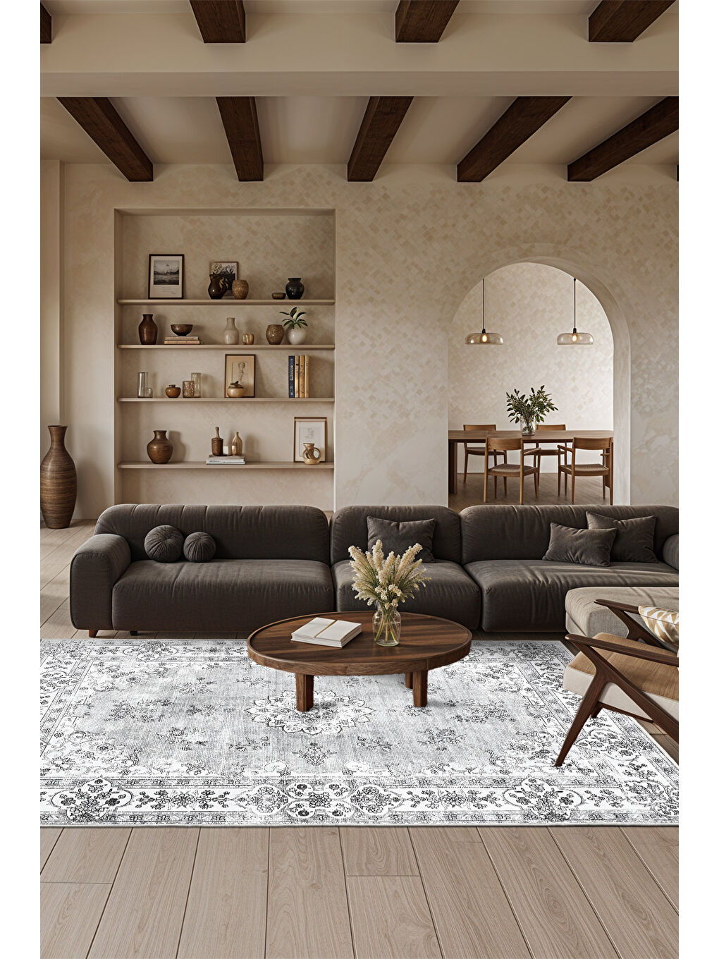 Gri Dekoratif Özel Tasarım Yıkanabilir İnce Kaymaz Tabanlı Modern Halı KECE FR25-2