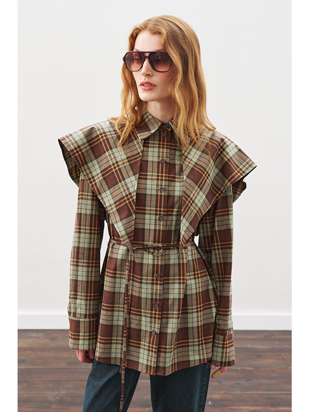 Üçgen Fularlı Oversıze Gömlek Ekose Yeşil-2