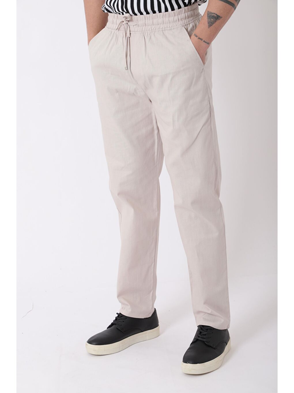 Ekru Bel Lastikli Keten Erkek Pantolon PLDP-01K_0385