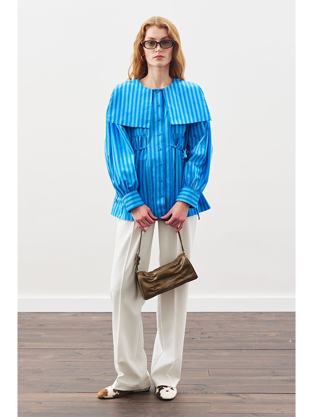 Geniş Yakalı Kuşaklı Gömlek Mavi Çizgili-1