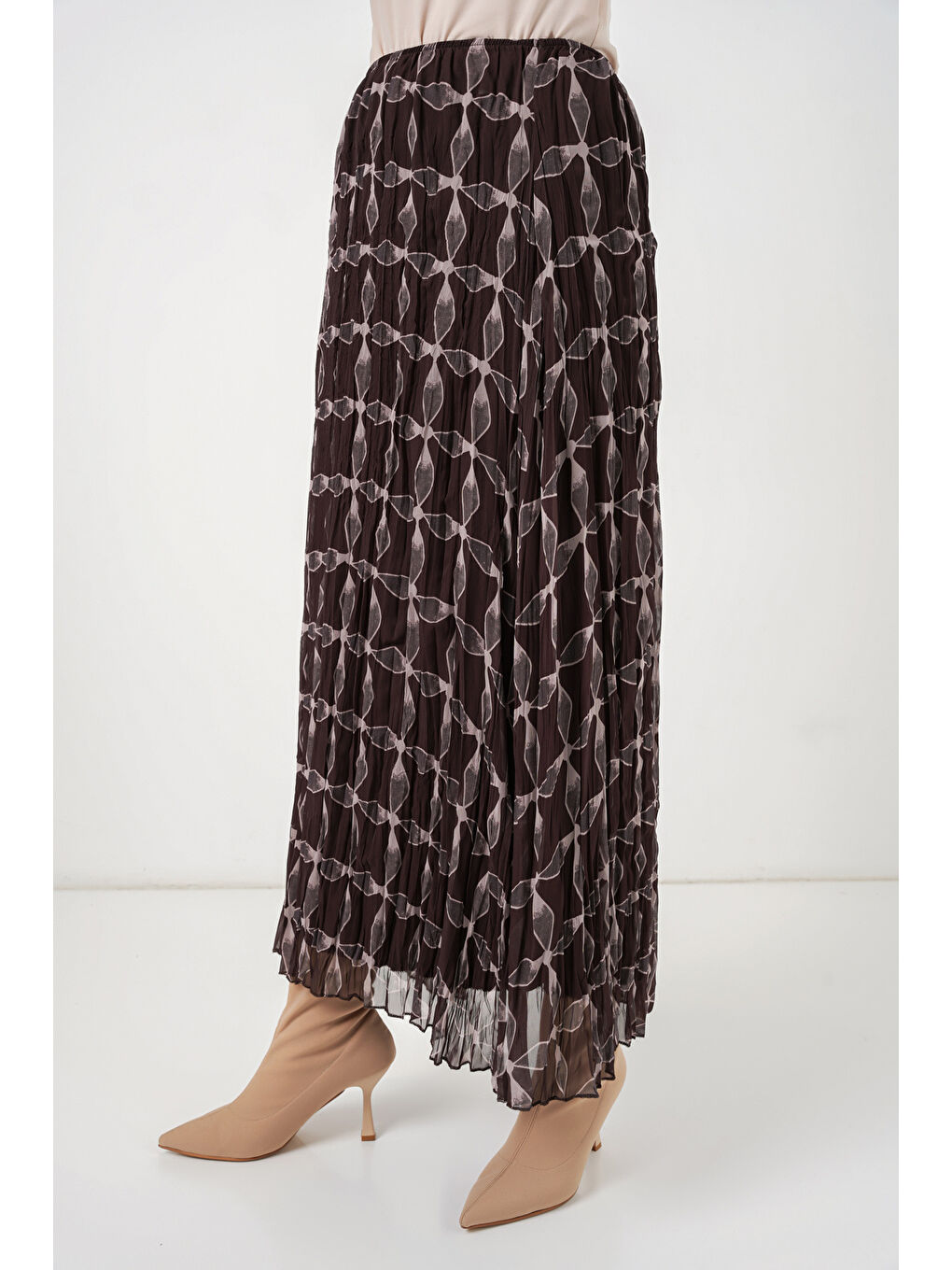 Kadın Desenli Astarlı Şifon Etek 8058 - Kahverengi-3