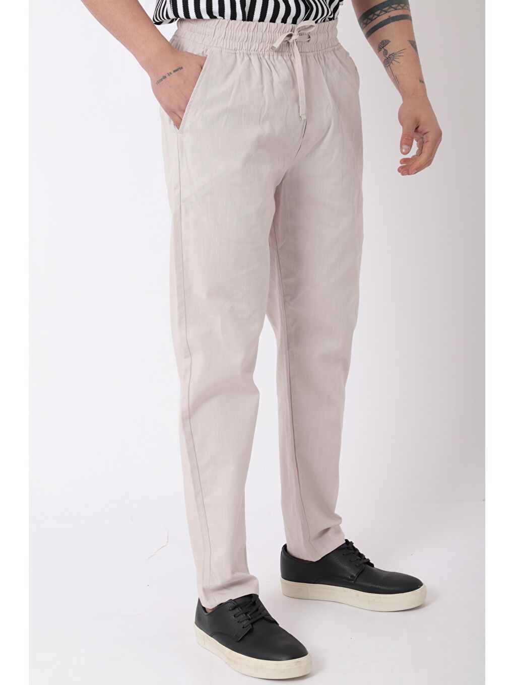 Ekru Bel Lastikli Keten Erkek Pantolon PLDP-01K_0385-1